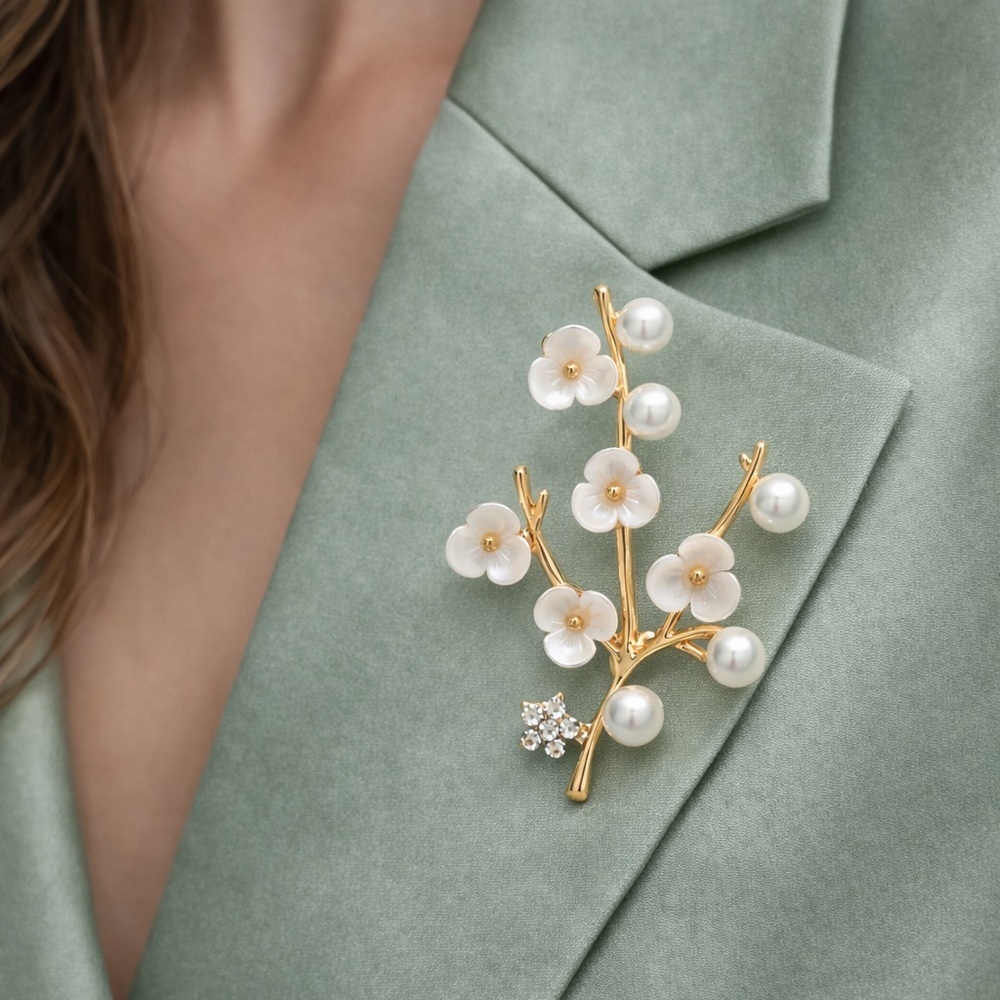 Cherry Blossom Gold Pearl Floral Brooch